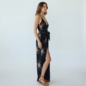 Luxxel Jumpsuit Womens Dark Floral Wide Leg with Slit Empire Waist with Belt, M